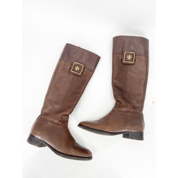 Tory Burch Julian Brown Pebbled Leather Riding Boots Size 6 - Picture 1 of 5
